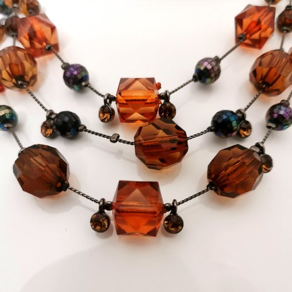 3 Strand Beaded Necklace Amber & Brown Color necklace - Picture 3 of 7